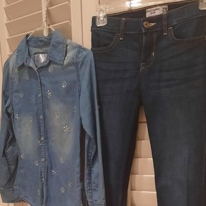Two jeans size 10, a bottom down blouse ,one hoodie,1 champion,